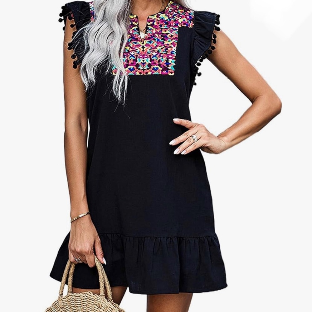 KIRUNDO Women’s Casual V Neck Floral Embroidered Ruffle Sleeveless Dress Size M